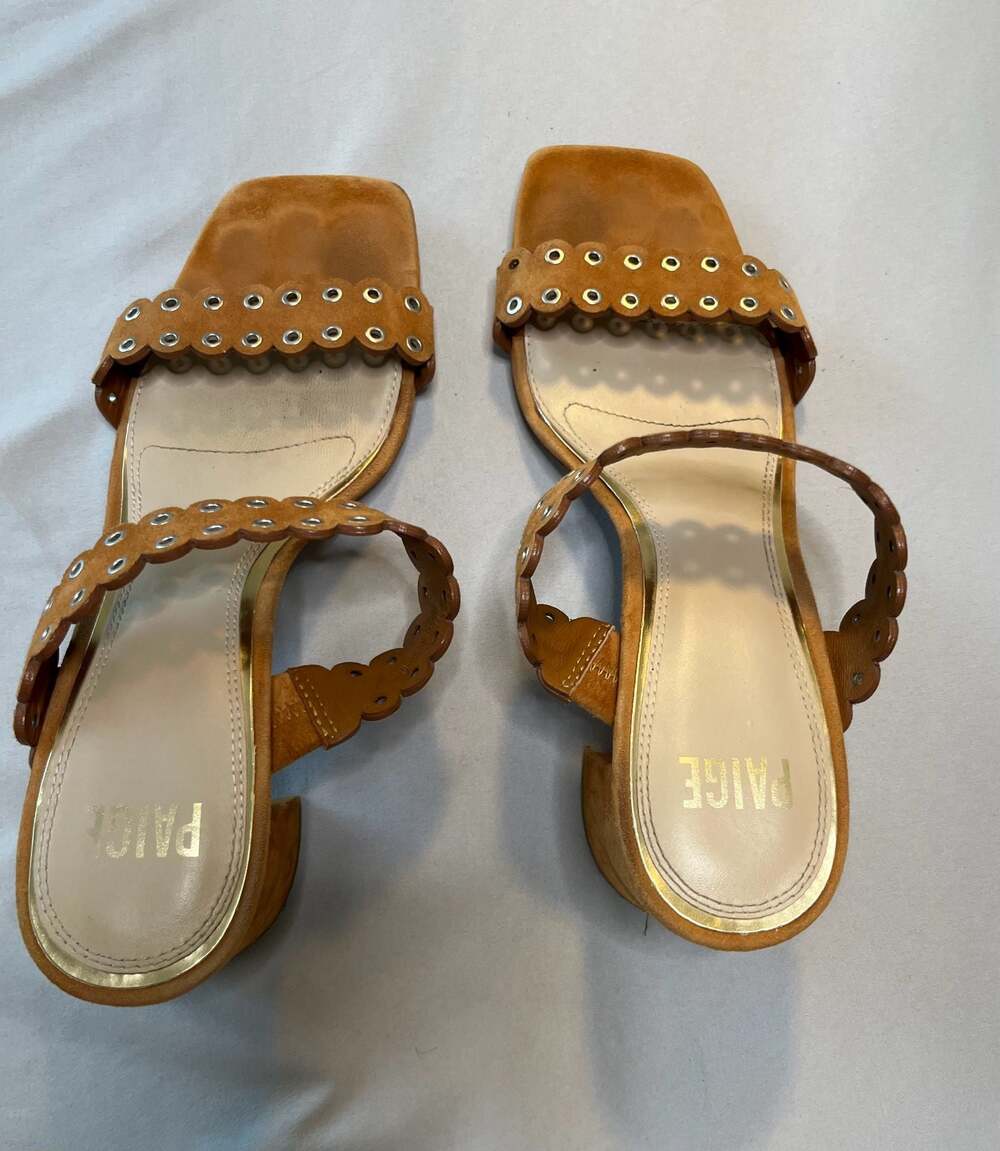 PAIGE Devyn Honey Leather Slide Sandals Scalloped Grommet Block Heel Boho Luxe